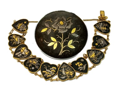 A FINE VINTAGE JAPANESE AMITA DAMASCENE BRACELET AND A LARGE BROOCH
