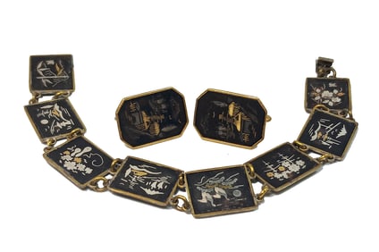 SUPERB LOT OF VINTAGE JAPANESE DAMASCENE BRACELET AND EARRINGS