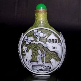 BEAUTIFUL  CHINESE PEKING GLASS SNUFF BOTTLE ELDER BRIDGE PRUNUS TREE