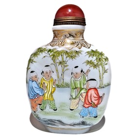 A FABULOUS LARGE CHINESE SNUFF BOTTLE ENAMEL ON GLASS CHILDREN QIANLONG MARK