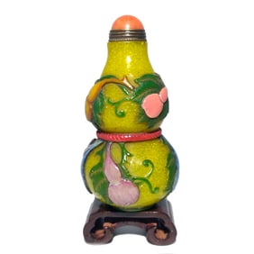 SUPERB CHINESE YELLOW PEKING GLASS GOURD SNUFF BOTTLE CARVED ENAMELED