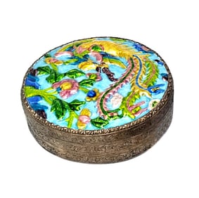 FINE ANTIQUE CHINESE ENAMEL ROUND BOX PHOENIX FLOWERS