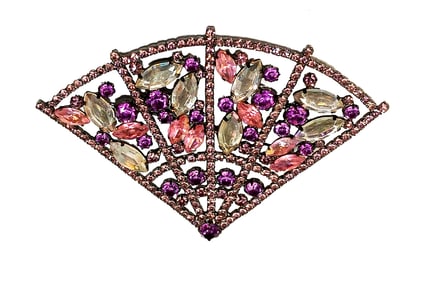 A BEAUTIFUL LARGE FAN SHAPED VINTAGE BROOCH PINK PURPLE