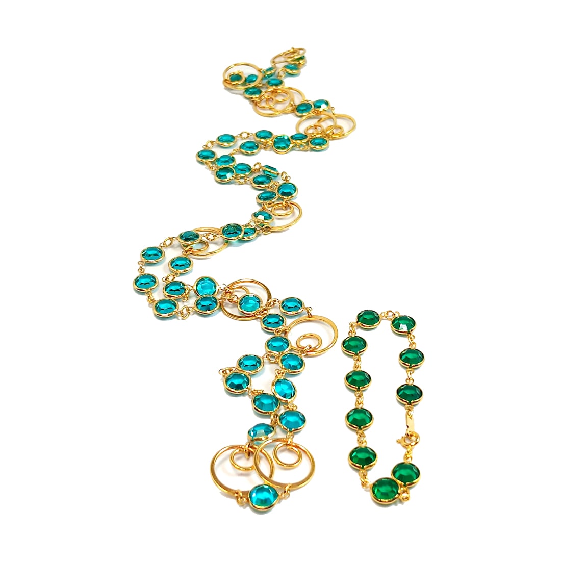 BEAUTIFUL LOT OF NECKLACE AND BRACELET OF BEZEL SET EMERALD GREEN CRYSTALS (1 of 3)