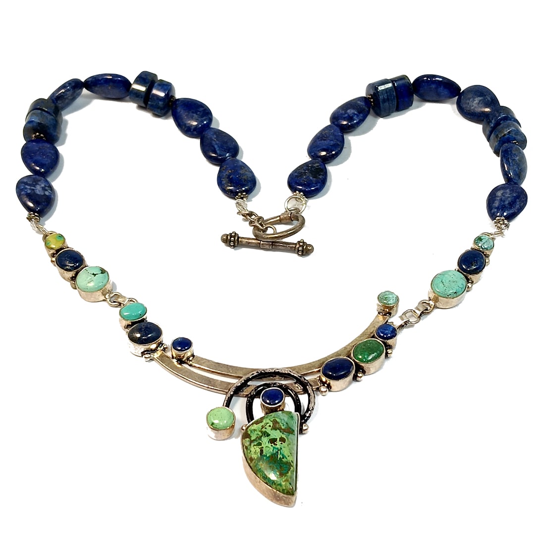 WONDERFUL NECKLACE OF LAPIS LAZULI AND TURQUOISE SET IN SILVER 21" 96 GRAMS (1 of 3)
