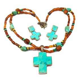 FINE SOUTHWESTERN NECKLACE EARRINGS TURQUOISE CROSS BY BARSE 925 SILVER