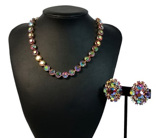 A RED AURORA BOREALIS NECKLACE AND EARRING SET MID CENTURY VINTAGE