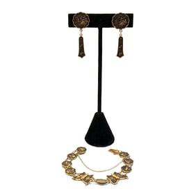 BEAUTIFUL VINTAGE JAPANESE DAMASCENE LOT BRACELET AND EARRINGS