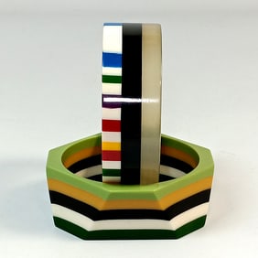 TWO IMPRESSIVE LAMINATED LUCITE BANGLE MULTICOLOR