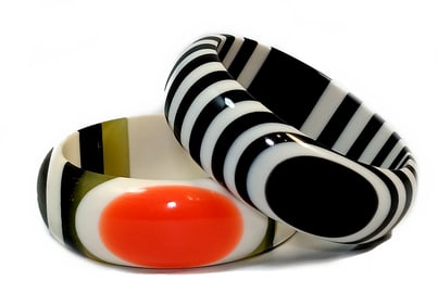 TWO IMPRESSIVE LAMINATED LUCITE BANGLE MULTICOLOR