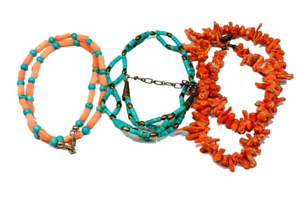 LOT OF 3 SOUTHWESTERN NATURAL CORAL TURQUOISE NECKLACES