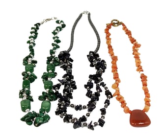 3 NATURAL GEMSTONE NECKLACES MALACHITE AGATE HEMATITE