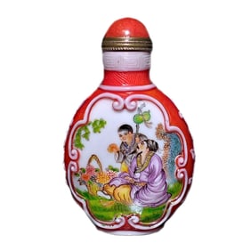 FINE CHINESE ENAMEL PEKING GLASS SNUFF BOTTLE SCHOLAR QIANLONG MARK