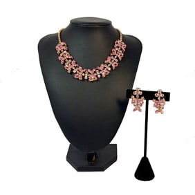 MID CENTURY VINTAGE RHINESTONE NECKLACE AND EARRING SET IN PINK LAVENDER