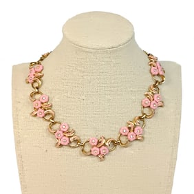 AN ENCHANTING NECKLACE PINK FLOWERS VINTAGE MID CENTURY 16"