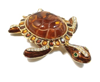 LARGE VINTAGE TURTLE BROOCH ENAMEL RHINESTONES 3.5"