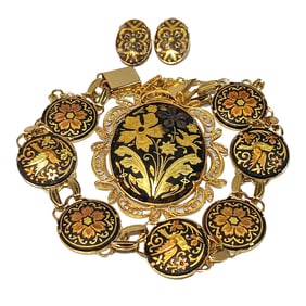 FINE VINTAGE DAMASCENE SET BRACELET EARRINGS PENDANT
