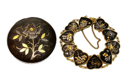 VINTAGE JAPANESE AMITA DAMASCENE BRACELET AND A LARGE BROOCH