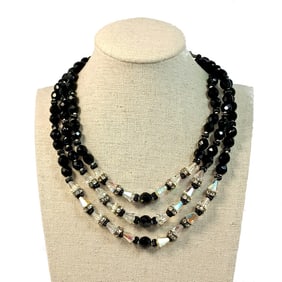 VINTAGE ART DECO NECKLACE 3 STRANDS FACETED BLACK AND CLEAR CRYSTAL