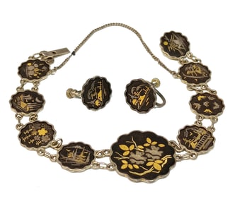 FINE VINTAGE SILVER AMITA JAPAN DAMASCENE BRACELET AND EARRINGS 7"