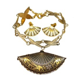 A FINE VINTAGE DAMASCENE LOT BRACELET EARRINGS BROOCH