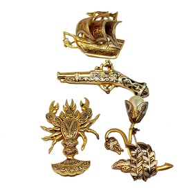 A LOT OF 4 VINTAGE SPANISH DAMASCENE BROOCHES
