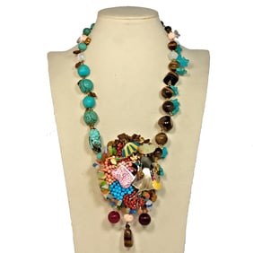 BEAUTIFUL NECKLACE BY DESIGNER STEFAN DINU 20" LONG CORAL LAPIS JADE PEARLS