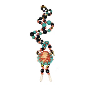 BEAUTIFUL NECKLACE BY DESIGNER STEFAN DINU SHELL CAMEO NATURAL STONES CORAL PEARLS