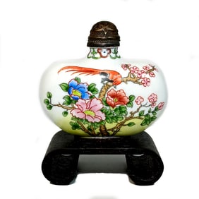 FINE CHINESE SNUFF BOTTLE ENAMEL ON COPPER BIRDS PEONIES QIANLONG MARK