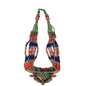 A BEAUTIFUL TIBETAN INLAY NECKLACE LAPIS TURQUOISE 22"