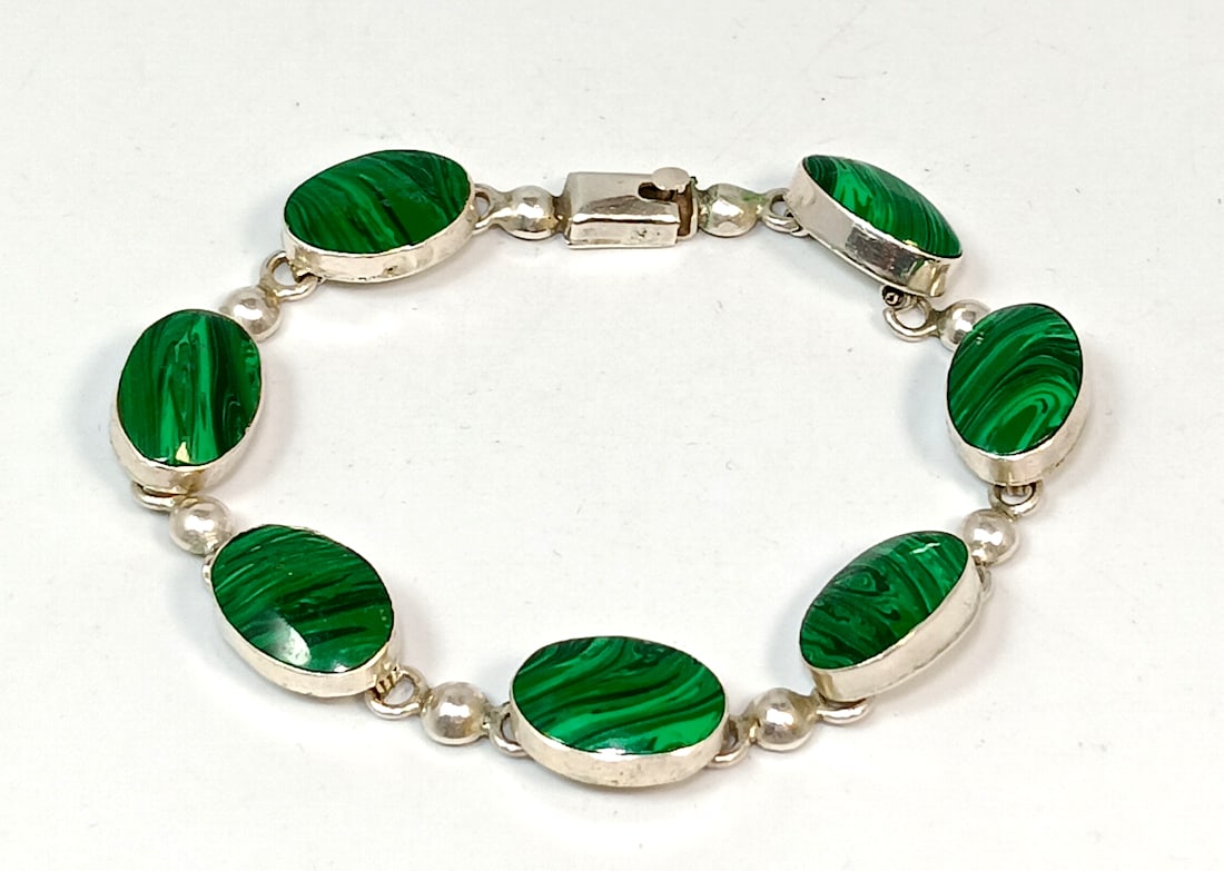 A MEXICO STERLING SILVER AND MALACHITE BRACELET 7.5" 21 GRAMS (1 of 5)