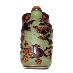BEAUTIFUL CHINESE PEKING GLASS SNUFF BOTTLE BIRDS LOTUS FLOWER TREE
