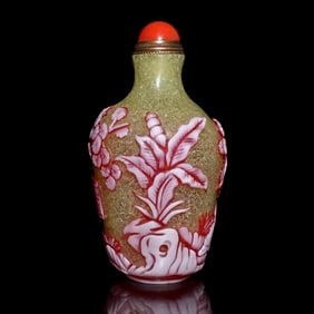 BEAUTIFUL CHINESE PEKING GLASS SNUFF BOTTLE ELDER TREE QIANLONG SEAL