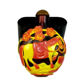 FINE ANTIQUE CHINESE PEKING GLASS SNUFF BOTTLE HORSE DEER STORK FLOWER TREE