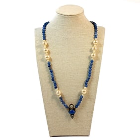 A PENDANT NECKLACE SIGNED SAJEN MOONSTONE FACE LAPIS CHALCEDONY