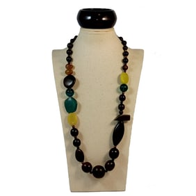 VINTAGE NECKLACE AND BRACELET IN WOOD AGATE AND SEA GLASS