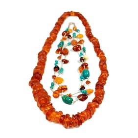 A LOT OF TWO  BALTIC AMBER NECKLACES  23" AND 17" SOUTHWESTERN TURQUOISE