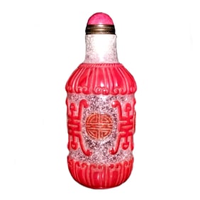 FINE CHINESE PEKING GLASS SNUFF BOTTLE RED WHITE SNOW FLAKE SHOU SYMBOL