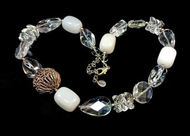 A ROCK CRYSTAL AND WHITE JADEITE STERLING SILVER NECKLACE BY BARSE 18"