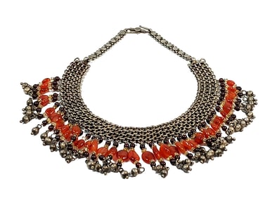 AN OUTSTANDING YEMENITE JEWISH NECKLACE STERLING GARNET CARNELIAN 16"