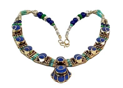 A BEAUTIFUL TIBETAN NECKLACE LAPIS LAZULI INLAY 17"  113 GRAMS