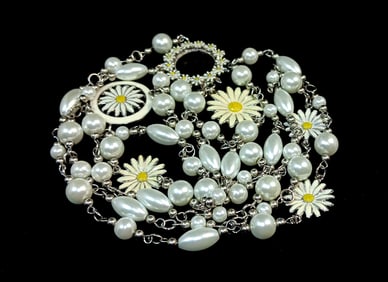 A LONG 56" PEARL NECKLACE ENAMELED DAISIES DESIGN