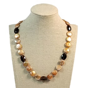 FRESHWATER GOLDEN COIN PEARL NECKLACE 14K GOLD CLASP SMOKEY QUARTZ