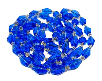 AN ANTIQUE ART DECO BLUE FACETED GLASS BEADS NECKLACE 52" LONG