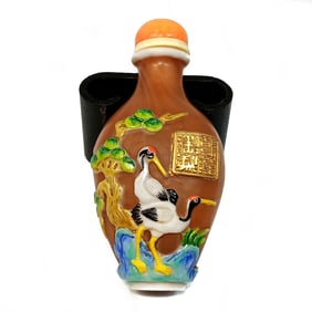 BEAUTIFUL ENAMELED CHINESE PEKING GLASS SNUFF BOTTLE STORKS QIANLONG SEAL