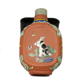 ANTIQUE CHINESE ENAMELED YIXING SNUFF BOTTLE CAT 1800'S QING