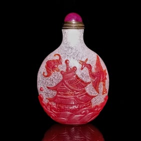 A BEAUTIFUL CHINESE PEKING GLASS SNUFF BOTTLE PAGODA MOON STORK BAT
