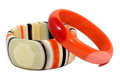 A WONDERFUL LOT OF 2 LAMINATED LUCITE BANGLES 2.5" D