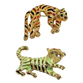 2 LARGE LEOPARD BROOCHES ENAMEL RHINESTONES 2.25" LONG EACH