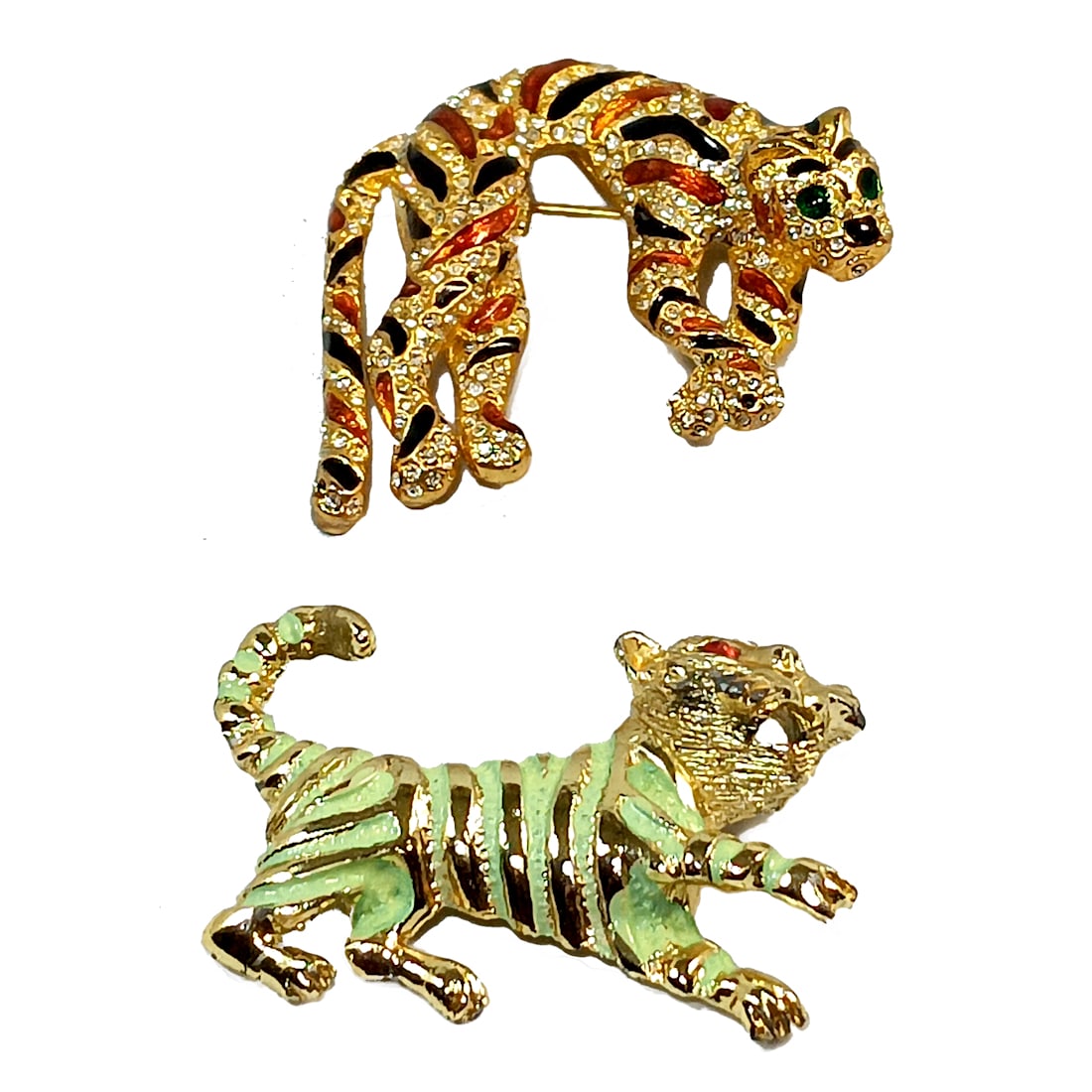 2 LARGE LEOPARD BROOCHES ENAMEL RHINESTONES 2.25" LONG EACH (1 of 4)